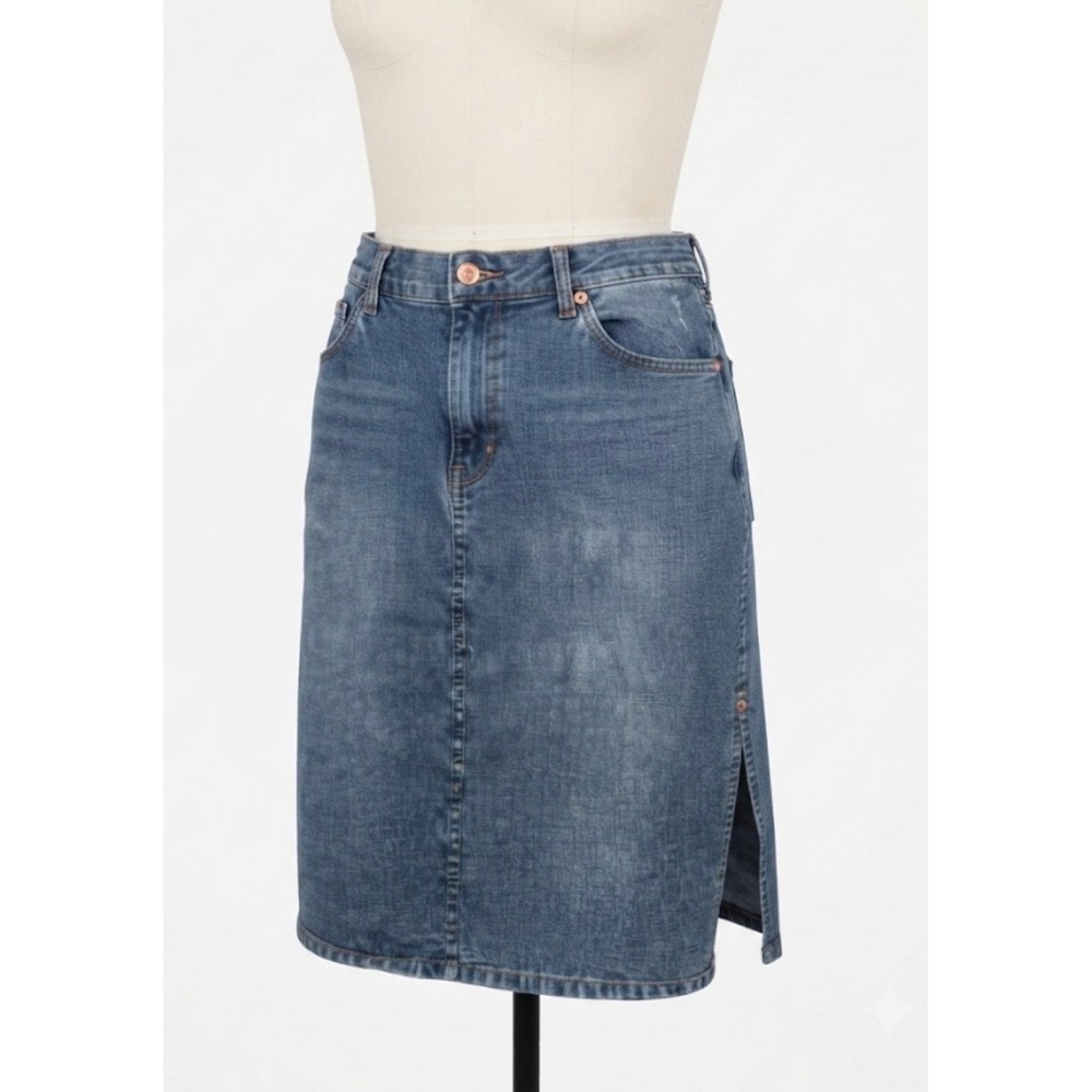 Vintage Y2K 90s Denim Skirt Midi Split Side Distressed Pocket Detail Size 15